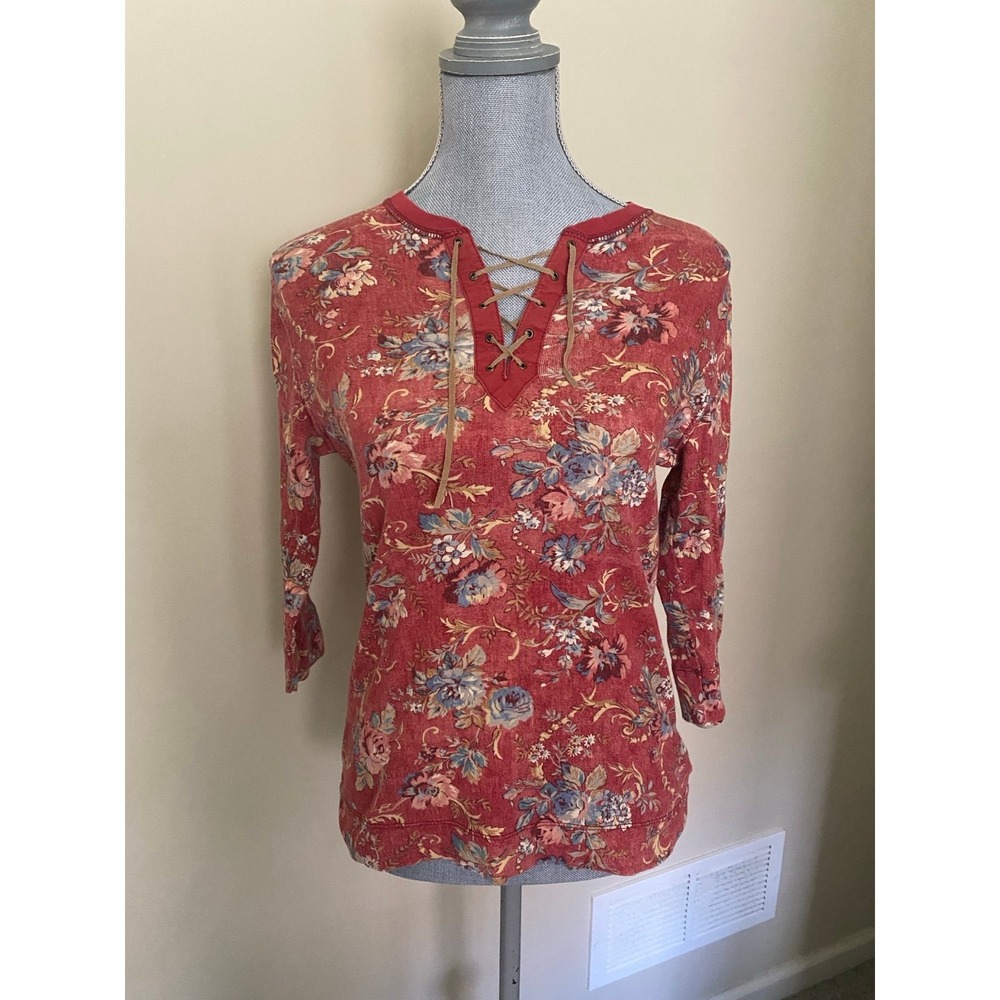 Ralph Lauren Jeans LRL floral lace up V neck long sleeve top Small s54